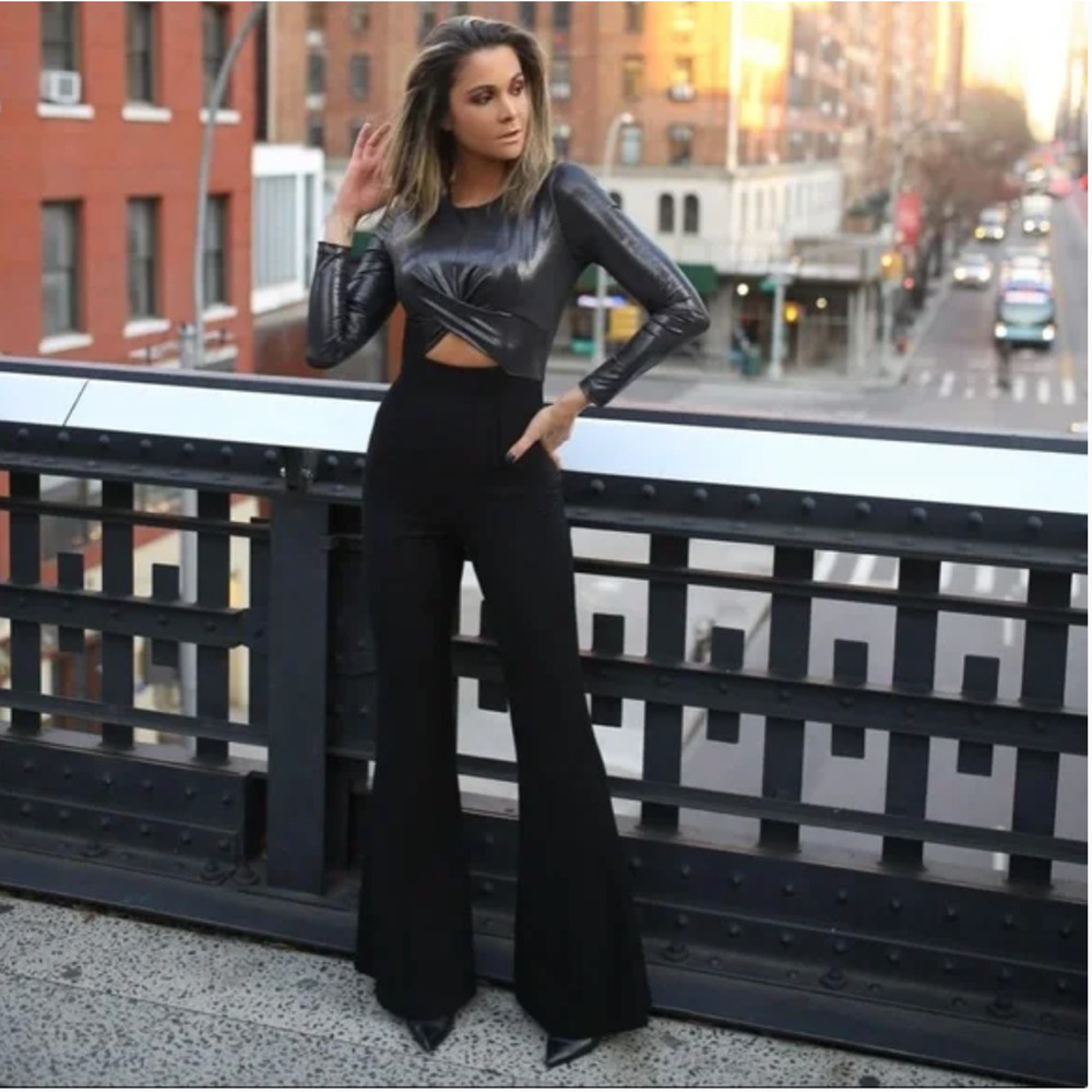 Black Halo Angie‎ Jumpsuit Black Metallic Cutout Combo Long Sleeve Sz 2